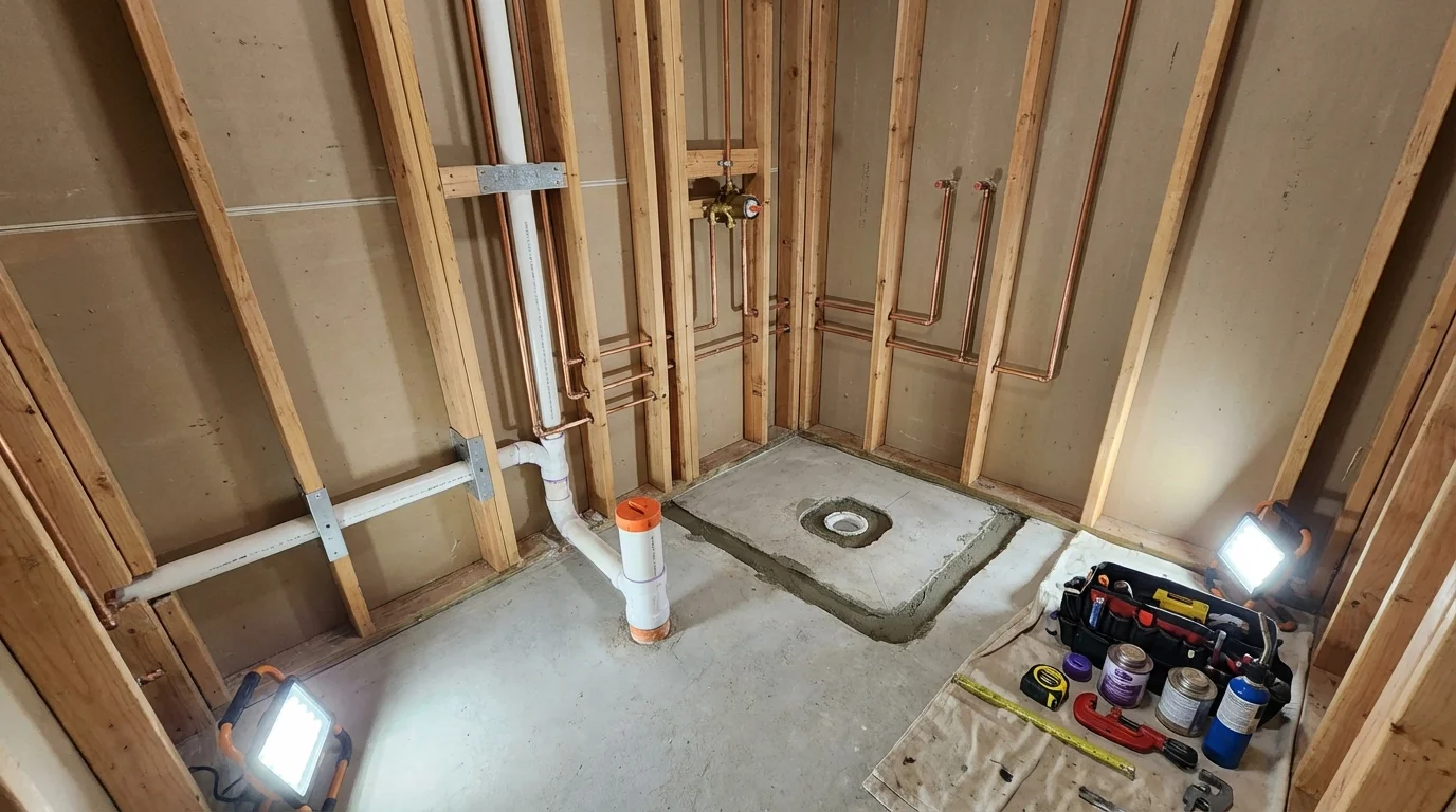 Bathroom rough-in plumbing during remodel by Johns Plumbing LLC in Whiteland