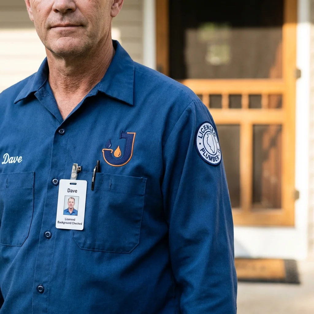 Licensed plumber showing ID badge in Whiteland, IN