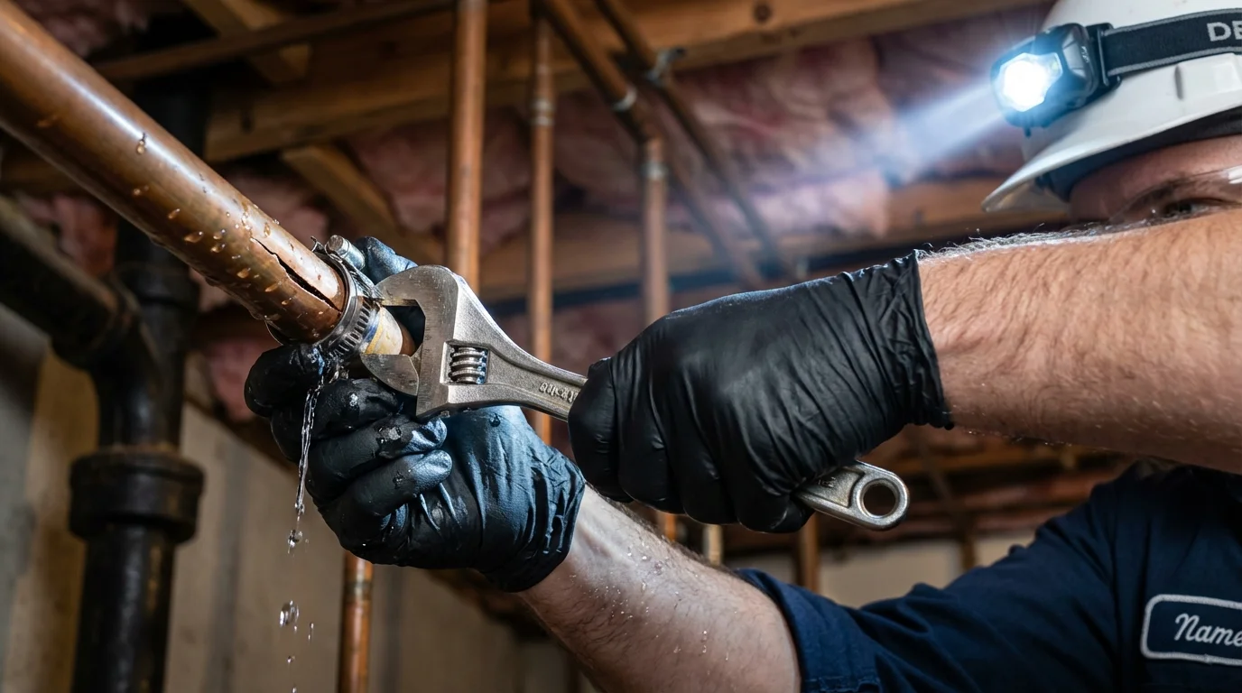 Emergency pipe clamp repair being performed by a Johns Plumbing LLC plumber in Whiteland