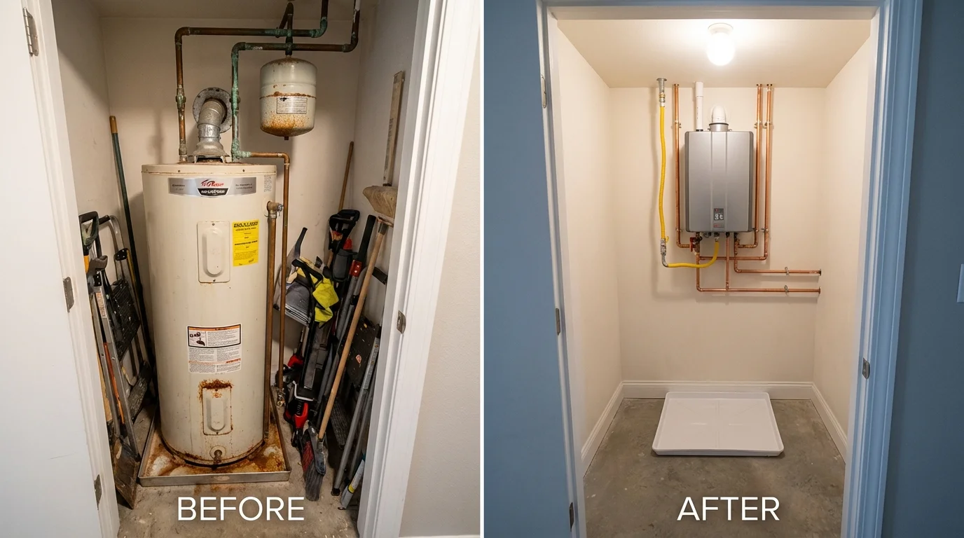 Tank water heater versus wall-mounted tankless unit comparison for Whiteland, IN homeowners
