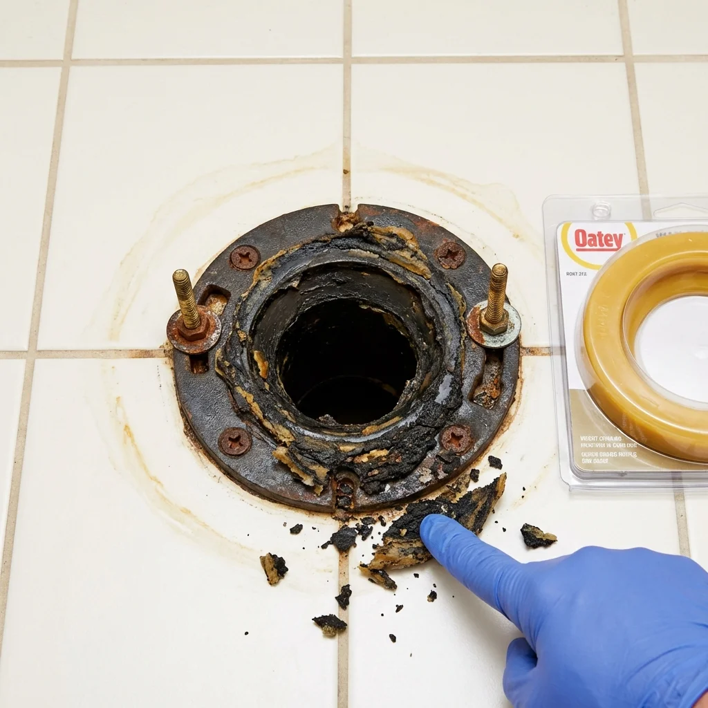 Failed wax ring showing water seepage at the base of a toilet in a Whiteland, IN home