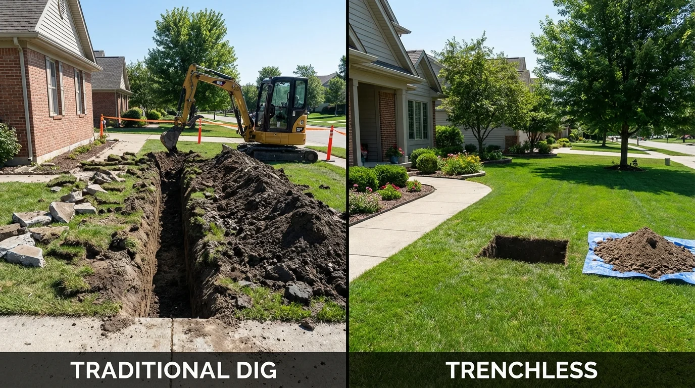 Trenchless sewer repair with minimal yard damage versus traditional excavation in Whiteland, IN