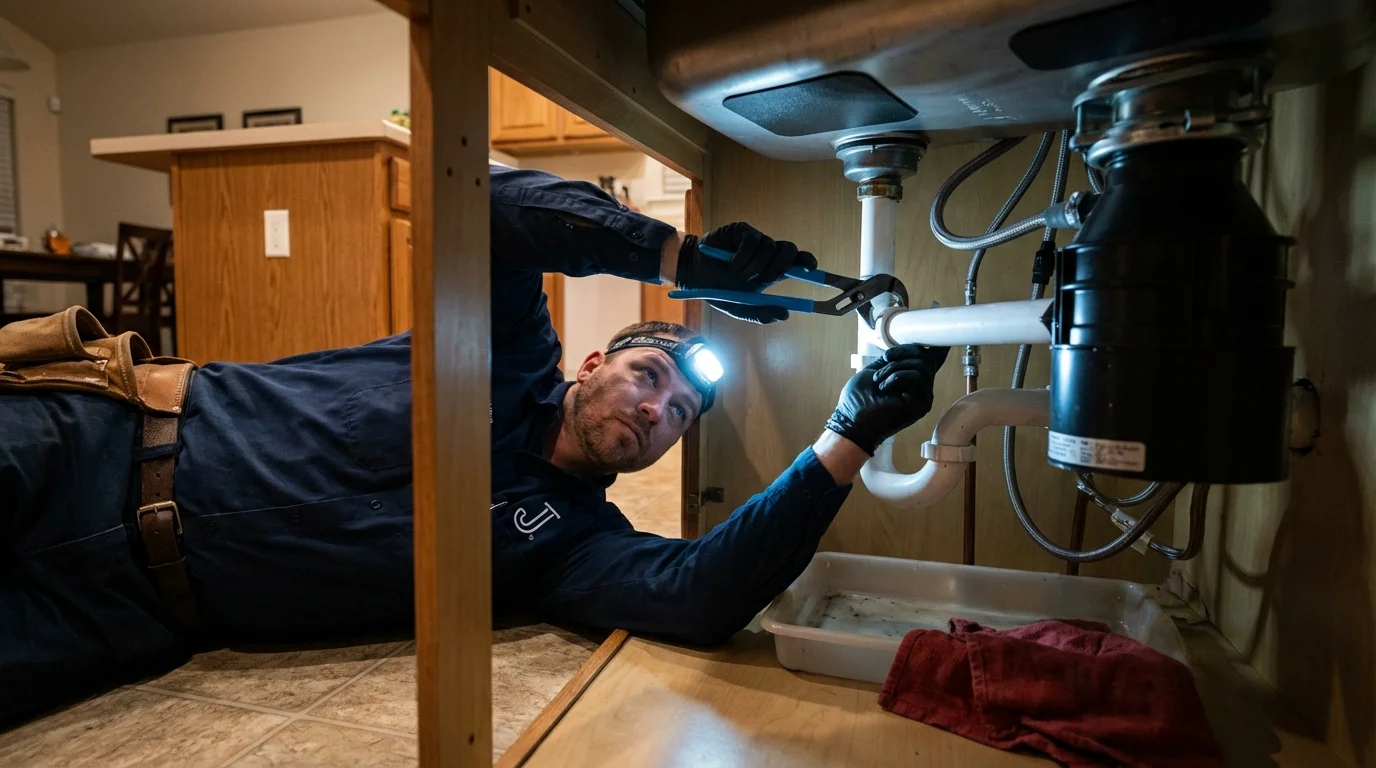 P-trap and supply line connections under a kitchen sink showing a common leak point in Whiteland, IN